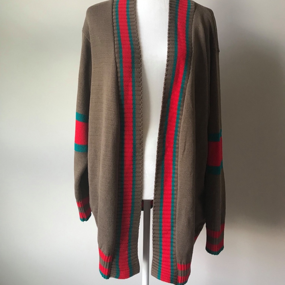 Boohoo Brown Cardigan with Red and Teal Stripe Detail